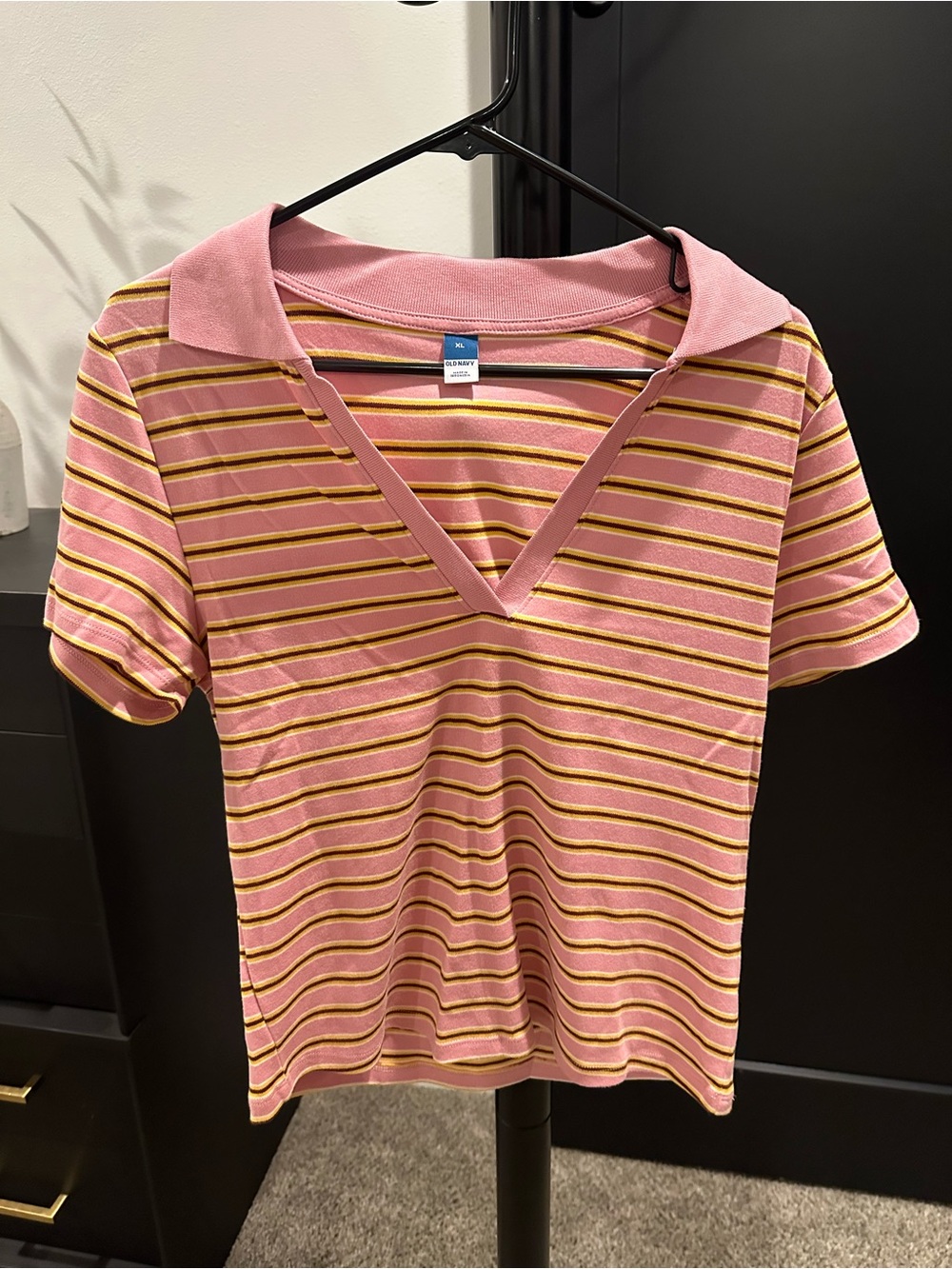 NEW WITH TAGS! Old Navy Pink Polo Top with Yellow & White Stripes